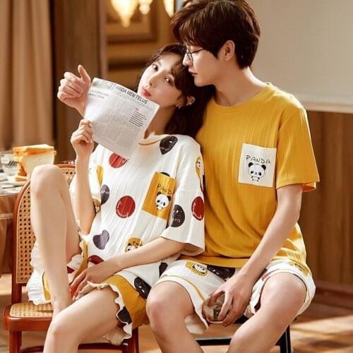 Plus Size Summer Cotton Couple Pajamas Cartoon Pyjama Femmel Shorts Pajama for Women and Men Leisure Couple Matching Night Suit