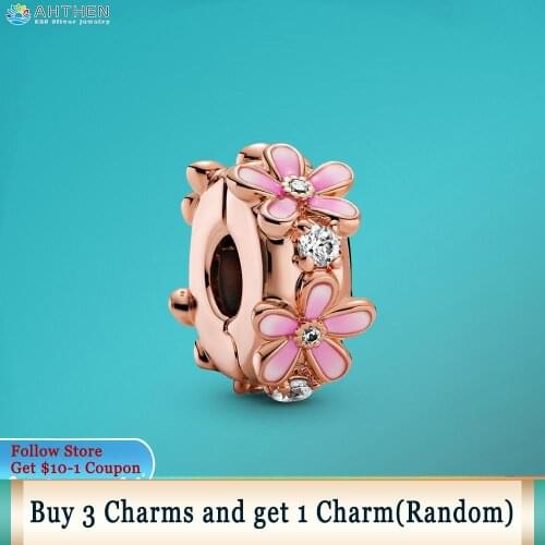Ahthen 925 Sterling Silver Pink Daisy Spacer Clip Charm fit Original Pandora Bracelets for Women Jewelry Making Girl DIY Jewelry