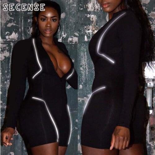 Womens Playsuit Zipper Reflective Striped Deep V Full Sleeve Patchwork Rompers Female Elastic Bodysuits Jumpsuits Female Short