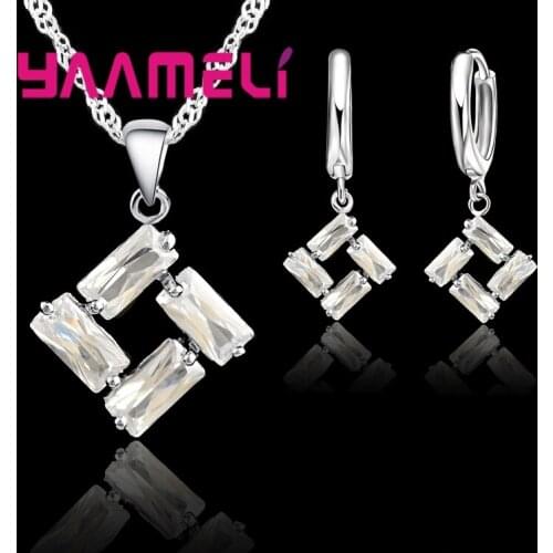 Romantic 925 Sterling Silver Square White Zircon Crystal Pendant Necklace Earrings Jewelry Sets Women Wholesale