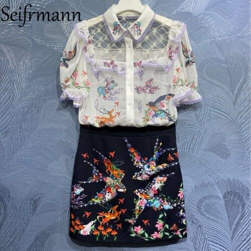 Seifrmann New 2021 Summer Women Fashion Runway Skirts Set Flare Sleeve Ruffles Print Blouses + High Waist Crystal Skirts Suits