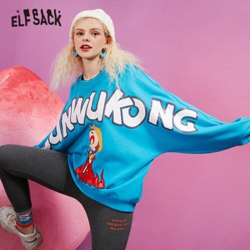 ELFSACK Harajuku Monkey King Jacquard Casual Knit Pullover Sweatshirt Women,2021 Spring ELF Vintage Korean Ladies Daily Cute Top