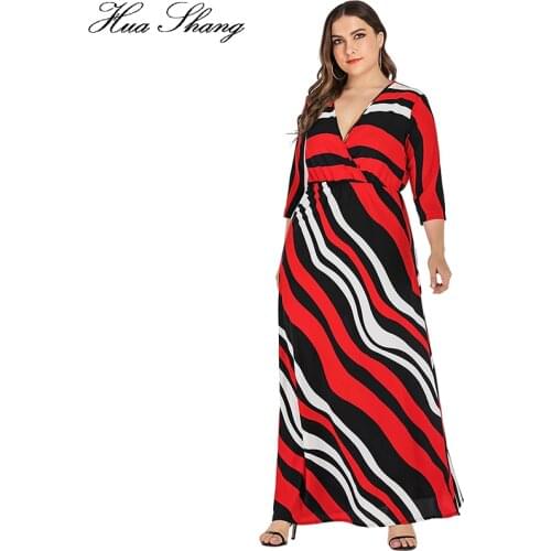 5XL Plus Size Maxi Long Dress Women Summer V Neck Three Quarter Sleeve Contrast Color Striped Dresses Ladies Tunic Boho Dress