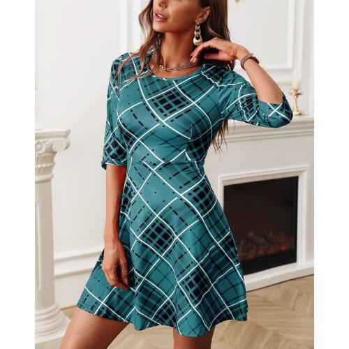 2020 Women Fashion Elegant Sexy Plaid Half Sleeve Plaid Casual Flared Dress Christmas Casual Chic A Line Dress