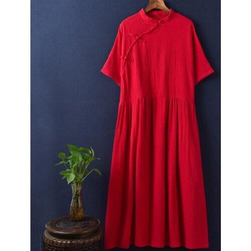 2020 Vintage Buckle Solid Cotton Linen Dresses Half Sleeve Stand Collar Casual Loose Dresses Vestido Plus Size L-6XL