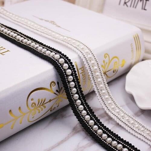 5Yards 2cm wide ethnic style black white imitation pearl shoulder strap belt skirt beaded lace ribbon accessories X177