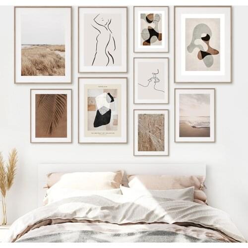 Abstract Geometric Canvas Painting Lines Figure Beach Reeds Grass Landscape Wall Art Nordic Poster Pictures for Home Decor