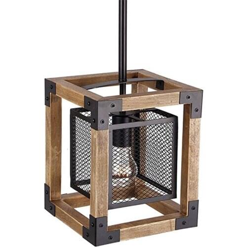 American Retro Square Wood Pendant Lights Industrial Loft Living Room Dining Lamps Restaurant Deco Table Hanging Lights Lighting