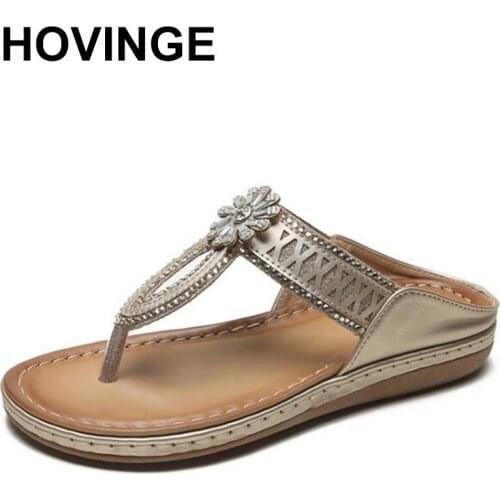 HOVINGE Women Non-slip Sandals Rhinestones Flower Hollow Boho Fashion Flat Slippers For Summer Beach Best Sale