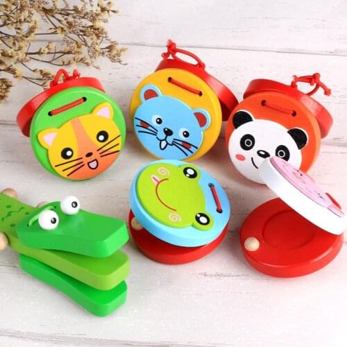 Kids Cartoon Wooden Castanets Music Instruments Baby Clapper Handle Musical Instruments Toys Educational Toys For Children