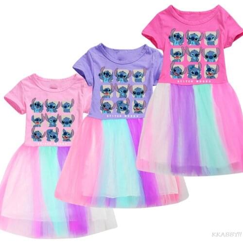 Disney Stitch Girls Dress Summer Baby Children Kids Girls Clothes Princess Christmas Short Sleeve Dresses Vestidos Infantil