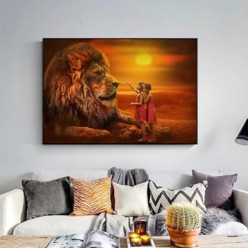 Canvas Paintings Twins With Lions African Art on the Wall Art Posters And Prints African Landscape Art Pictures Home Wall Decor