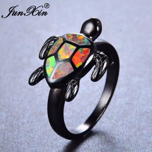 JUNXIN Brand Female Orange Fire Opal Ring Fashion Turtle Ring Black Gold Filled Animal Jewelry Vintage Wedding Rings For Women