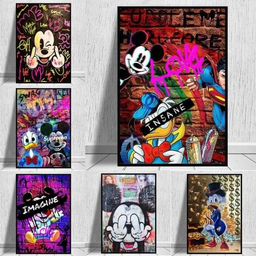 Disney Canvas Wall Art Graffiti Guilty Mickey Mouse And Donald Duck Prints Painting On Street Art Poster Picture For Living Room