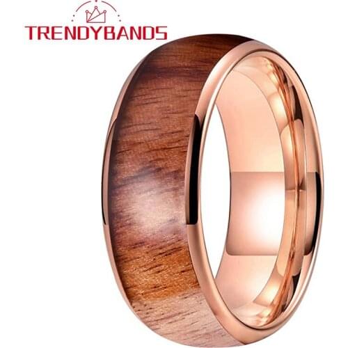 8MM Rose Gold Tungsten Rings Wedding Bands For Men Women Domed Wood Inlay Polished Shiny Comfort Fit