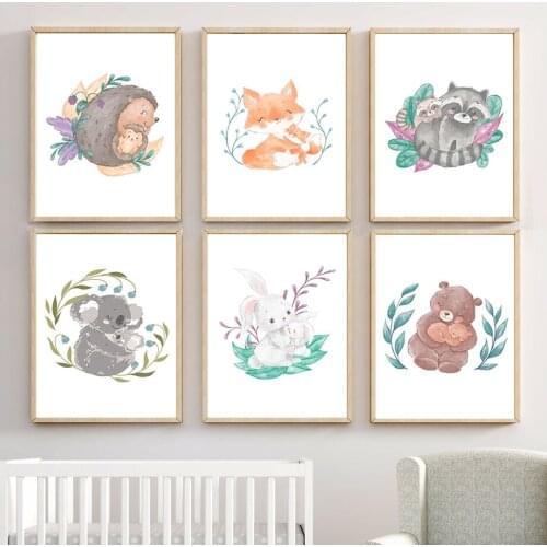 Cartoon Rabbit Deer Fox Raccoon Bear Koala Hug Wall Art Canvas Painting Nordic Poster And Prints Wall Pictures Kids Room Decor