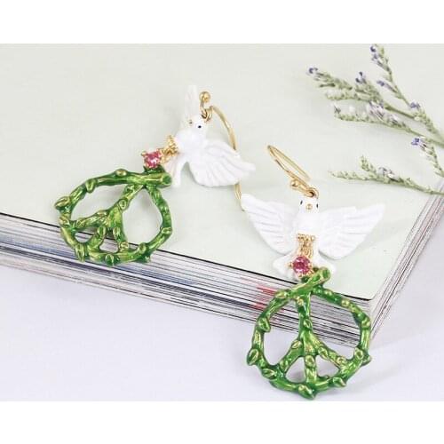 New trend, personality, niche design, hand-painted circle earrings, hand-painted enamel glaze, gilded cute peace dove ear hooks