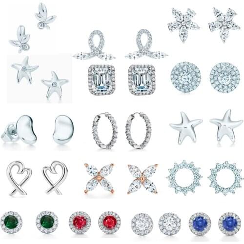 Original 925 sterling silver classic tif imitation diamond earrings with original lettering ladies fashion jewelry gifts