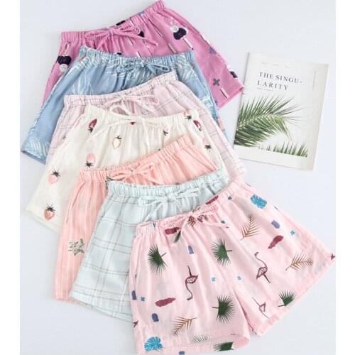 Summer Women Sleep Shorts Cotton Gauze Pajamas Pants Printing Sleep Bottoms Sleep Wear Sleeping Womens Lounge Wear Sleepwear