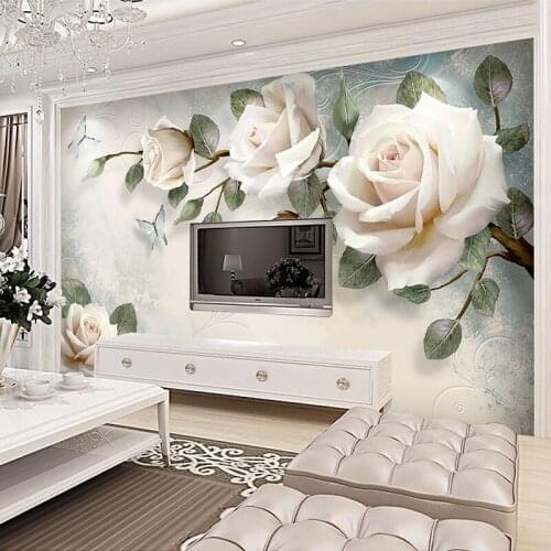 Custom Modern Hand Painted Oil Painting Floral European Style 3D Stereoscopic Embossed Rose TV Background Decor Wallpaper Flower