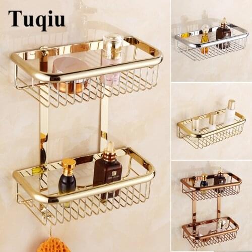 Tuqiu Gold bathroom Corner Shelf Soap Holder Dual Tier bathroom shelves Brass bathroom shampoo holder basket bathroom holder