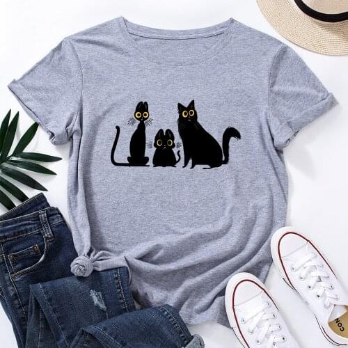Harajuku Women T-shirt Cartoon Funny Three Cats Print Tshirt Plus Size S-5XL 100%Cotton Short Sleeve Basic Tee Shirt Female Tops