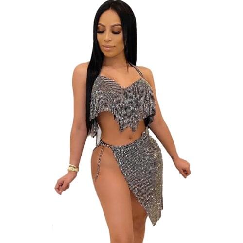 Sexy Party Birthday Club Outfits Glitter Two Piece Skirt Set Women Halter Backless Crop Top + Side Split Chain Mini Skirt Suits