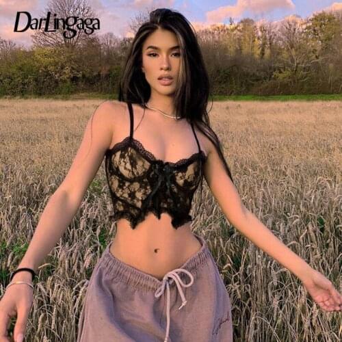 Darlingaga Gothic Dark Strap Bow Y2K Sexy Lace Top Camisole Backless Zipper Fashion Summer Crop Tops Bralette 90s Aesthetic New