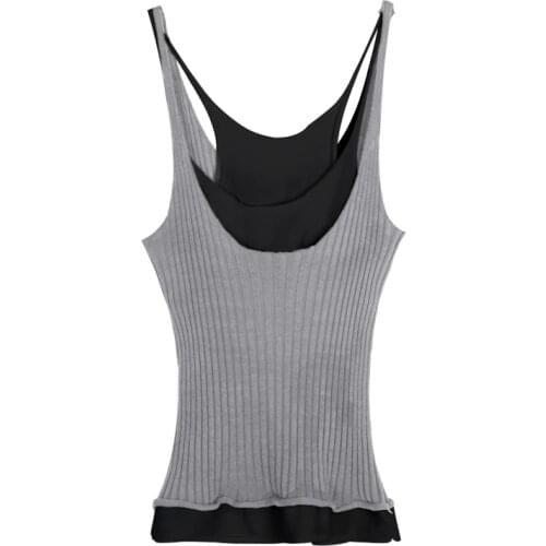 Spliced Knit Camisole Tops Women Ribbed Spaghetti Strap Top Cami