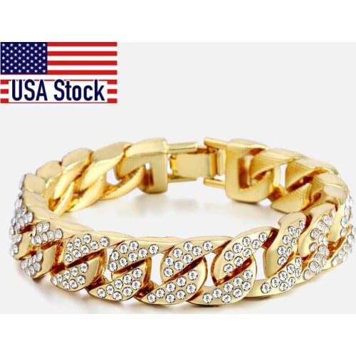 14mm Mens Bracelet Hip Hop Miami Cuban Link Gold Silver color Iced Out Paved Rhinestones Male Wristband Street Jewelry GB403