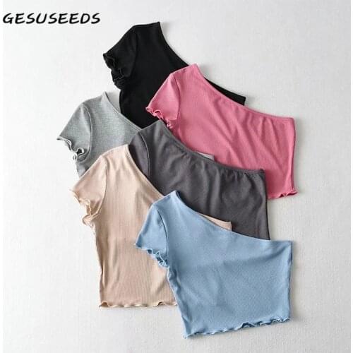 2021 Fashion t shirt women short sleeve tees sexy one shoulder top knit ruffle cropped t shirt pink black shirts slim irregular