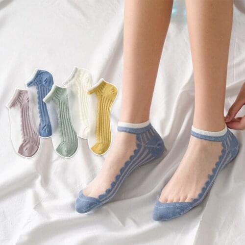5 Pairs/Pack Summer Ultrathin Women Socks Transparent Silk Striped Korean Style Ankle Socks For Female