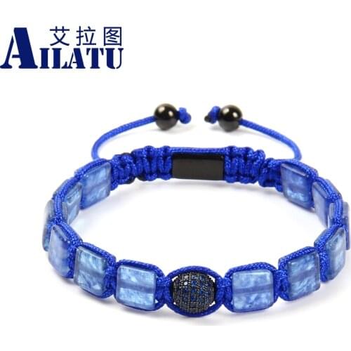 Ailatu 8x8mm Blue Quartz Flatbead Square Braided Bracelet Blue Cz Ball Jewelry Top Quality Free Logo Service