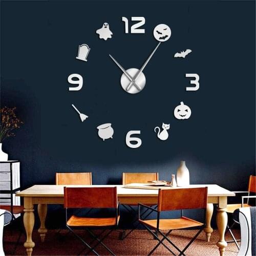 DIY Silent Wall Hanging Art Big Wall Clock Halloween 3D Trick or Treat Horror Wall Clock with Big Clock Hand Digital Mirror
