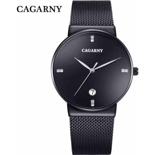 CAGARNY Fashion Men Watches Mesh Stainless Steel Watchband Rhinestone Luxury Quartz Watch High Quality Business Male Wristwatch