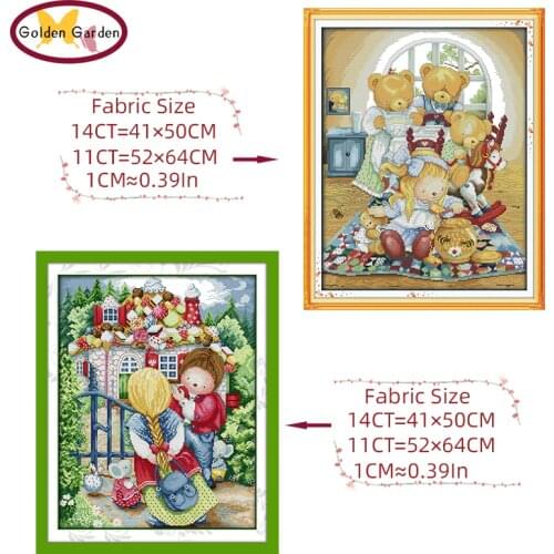 GG Bear Sweet House Stamped Cross Stitch Pattern 11CT14CT DIY Kits Needlework Embroidery Cartoon Cross Stitch Sets for Kids