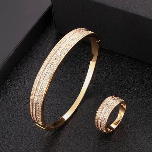 Zlxgirl pefect AAA cubic zirconia women size wedding bracelet with ring 2pcs bridal jewelry sets three plated color bangle set
