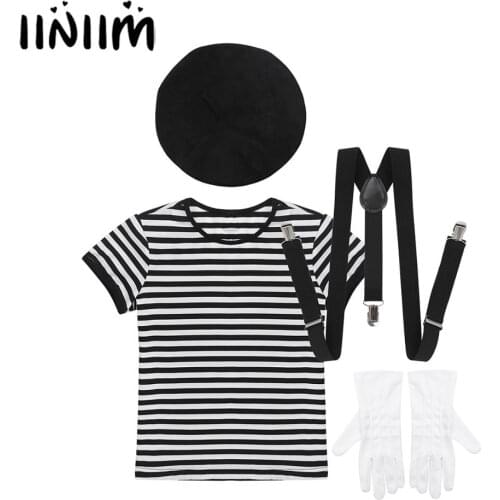 Unisex Kids Boys Girls French Mime Artist Fancy Dress Costume Outfit Striped T-Shirt Tops with Beret Gloves Suspenders Set