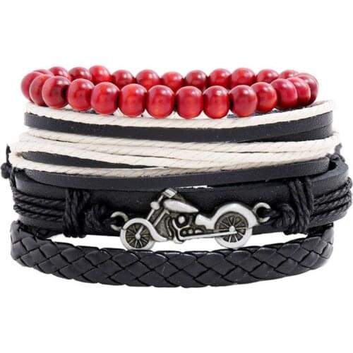Fashion Punk Men Biker Bracelet Set Motorcycle Black Genuine Leather Charm Multilayer Wristbands Beads Bangle Women Rock Jewelry
