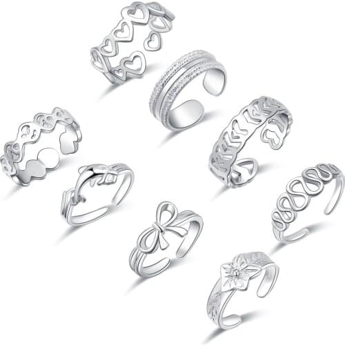 8 Piece Foot Adjustable Ring Set Small Number Tail Ring Bowknot Dolphin Love Heart Shape Hawaiian Jewelry