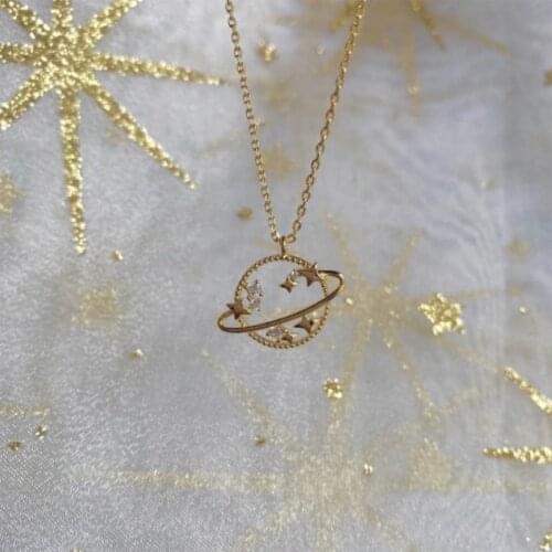 New Stainless Steel Planet Necklace Simple Retro Hollow Zircon Planet Necklace For Women Girls Fashion Jewelry Gift