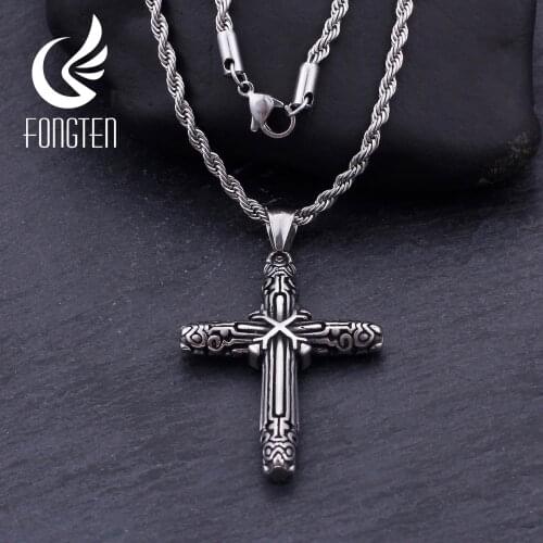 Fongten Retro Cross Blessing Pendant Necklace Men Stainless Steel Vintage Jesus Neck Choker Male Jewelry Accessories