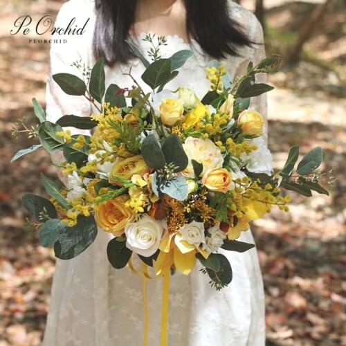 PEORCHID Yellow Vintage Wedding Bridal Bouquet Artificial Eucalyptus White Bridesmaid Hand flower Bouquet Bride Ramos De Novia