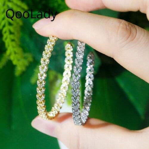 QooLady Fashion Big Circle Micro Pave White Cubic Zirconia Leaves Shape Surround Hoop Earrings for Women Minimalist Jewelry E201
