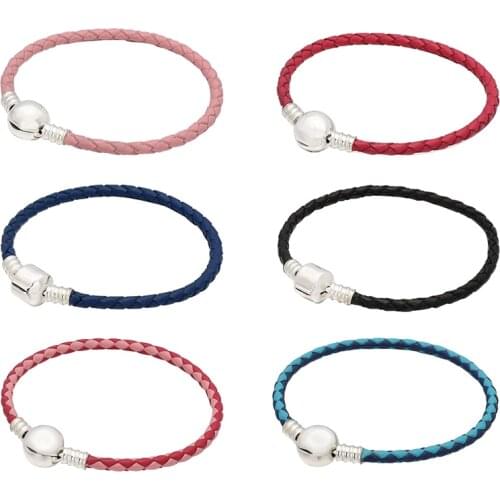 Multicolor Woven Leather Barrel and Ball Clasp Bracelet Fit Europe Snake Chain Bracelet Bangle Bead in 925 Sterling Silver Charm