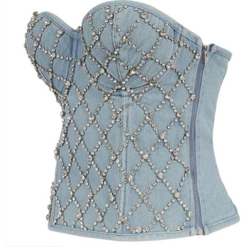 Rhinestone Beads Denim Bustiers Corsets Strapless Side Zipper Night Club Party Dance Uniform Wear Shinny Sexy Vintage Vestios