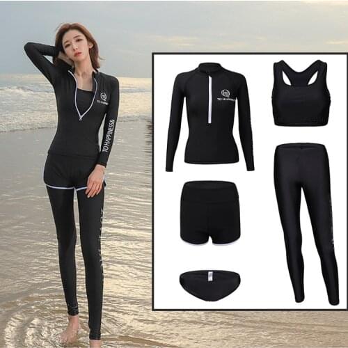 Womens Basic Skins Long Sleeve Rash Guard set of 5pcs Half Zip Shirt +Bikini Set + Leggings Swimsuit Surf Bathing Bodysuit Full