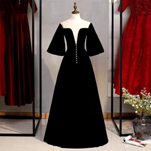 Bespoke Occasion Dresses Vintage O-Neck Short A-Line Floor-Length Jersey Lace Pearls Luxury Black Lady Formal Evening Gown HB128