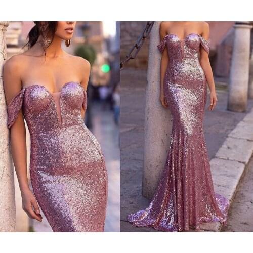 Sexy Long Pink Sequin Mermaid Evening Dresses Off Shoulder Floor Length Lace Up Back Side Slit Formal Party Gowns for Women