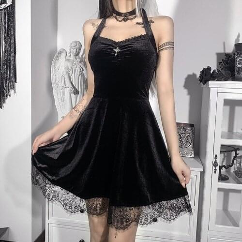 Gothic Black Summer Dress For Women Vintage Lace Lace Up Halter Sexy Backless Bodycon Harajuku Aesthetic Elegant Dresses